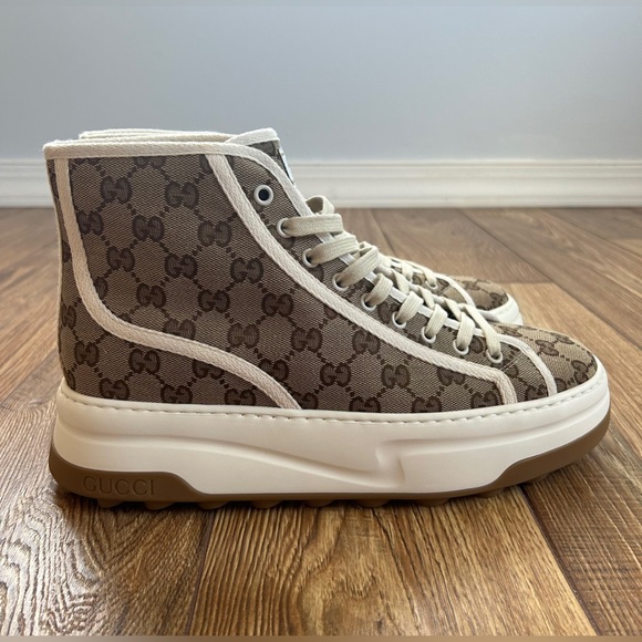NEW GUCCI GG Monogram Beige Canvas High-Top Sneakers in Men's Size 9 - Picture 4 of 11